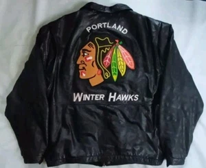VTG RARE PORT AUTHORITY PORTLAND WINTER HAWKS 1976-2001  LEATHER JACKET SIZE  XL - Picture 1 of 7