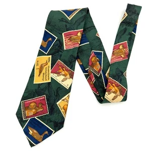 VINTAGE Eddie Bauer Tie Green Ducks Postage Stamps Waterfowl Silk Necktie USA - Picture 1 of 4
