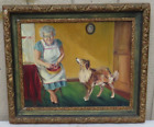 FRAMED OIL ON BOARD PAINTING OF GRANDMOTHER PEELING APPLES WITH BORDER COLLIE