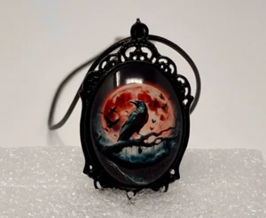Crow Necklace Red Crescent Moon Pendant Goth Pagan Gothic Raven Goth Victorian - Picture 1 of 9