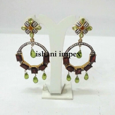 Natural Pave Diamond & Garnet, Peridot 925 Sterling Silver Earrings Jewelry - Image 1 of 4