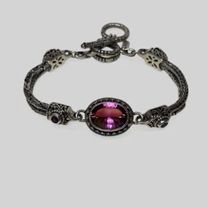 Sarda Sterling 925 Silver Pink Stone Double Stand Flower Accent Bracelet 8 in - Picture 1 of 6