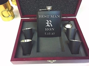 8 Personalized Engraved Flask Groomsmen Wedding Party Gift Sets Custom Wood Case - Picture 1 of 2