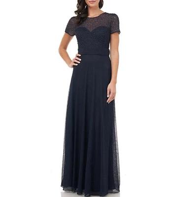 JS Collections Illusion Neck Short Sleeve Beaded Bodice Gown Navy Size 4 - Image 1 of 3