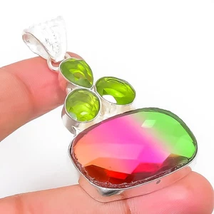 Bi-Color Tourmaline, Peridot Gemstone 925 Sterling Silver Jewelry Pendant 2.09" - Picture 1 of 5