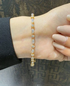 3.84ct D/VVS Round & Marquise Lab Grown Diamond Tennis Bracelet, Yellow Gold - Picture 1 of 6