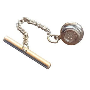Vintage Swank Gold-Tone Button Style Tie Tack With Chain & Bar - Picture 1 of 7