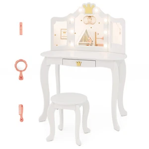Kids Vanity Set Princess Vanity Table & Chair Set w/ Lighted Mirror - Picture 1 of 10