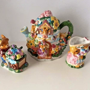 Vintage Ostern Teekanne Sahne Zucker 1 kleiner Löffel 4 Serviettenringe 1999 Mercuries - Bild 1 von 10