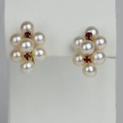 14k Yellow Gold, Cultured Pearl, Lab-Created Ruby Women's Leverback Earrings - Image 1 of 3