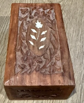 Vintage Beautiful Wood Carved Decorative Box Hinged Inlaid Bone India Teak - Image 1 of 3