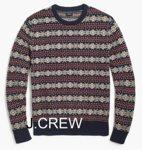 J.CREW Fair Isle sweater soft lambswool wool dark navy blue knit fisherman's nwt - Picture 1 of 8