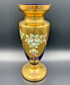 VTG Bohemian Art Glass Vase Cobalt Blue Gold Gilt Enamelled Flowers Design 8.5in - Picture 1 of 11