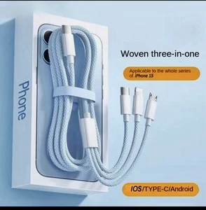 3-in-1 Fast Charging Cable 100W USB-C Lightning Micro USB iPhone Android Braided - Afbeelding 1 van 7