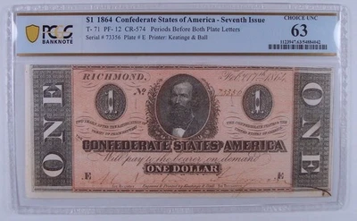 1864 CSA T-71 $1 Confederate States of America Note PCGS Choice Uncirculated 63 - Image 1 of 3