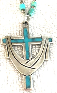 Vintage Navajo Silber Türkis Perlen Kreuz Anhänger Halskette - Bild 1 von 7