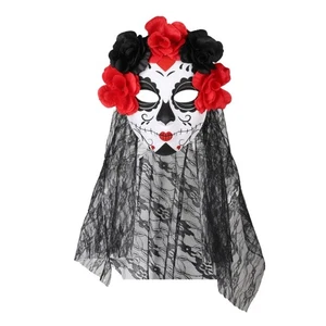 Scary Adult Day of the Dead Mask Prom Halloween Cosplay Bride Flower Headband - Picture 1 of 8