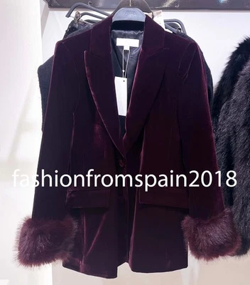ZARA NEW WOMAN VELVET BLAZER WITH FAUX FUR CUFFS JACKET MAROON 9760/816/605 - Image 1 of 3