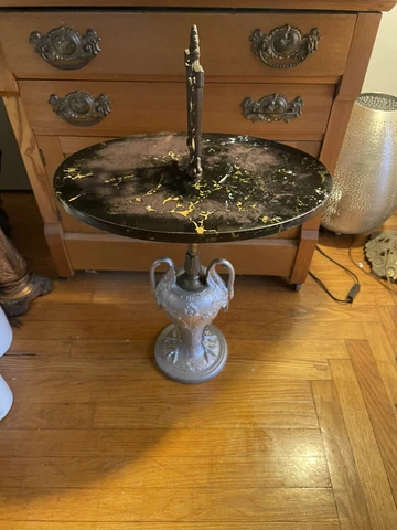 Antique Marble Top Small Accent Table With Metal Flamingo Design Base Cover