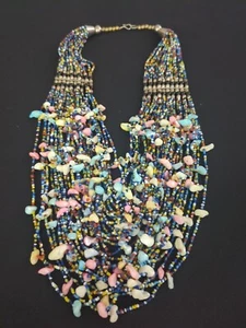 Vintage Seashell Glass Bead NECKLACE Multi Color Multi Strand Metal Clasp - Picture 1 of 6