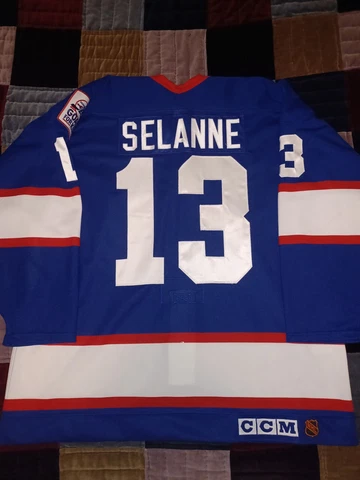 1992-93 Winnipeg Jets Teemu Selanne CCM Pro Jersey 52 Fight Strap Ultrafil Cover