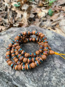 108 Mala Necklace Inlaid Himalayan Turquoise and Red Coral with Yellow Thread - Picture 1 of 4