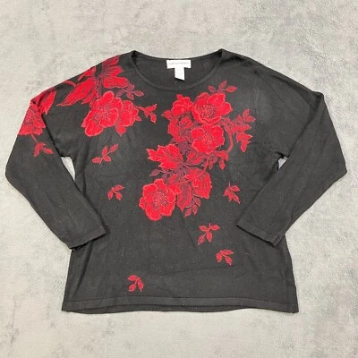 Женская повседневная акриловая рубашка с длинным рукавом Cathy Daniels черный красный цветочный узор размер 1X - Изображение 1 из 4