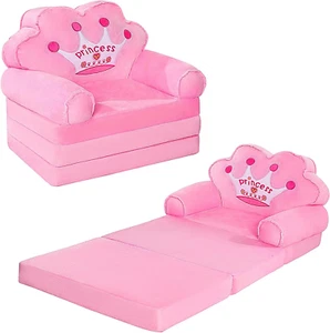 Kids Foldable Sofa Bed, Princess Chair for Toddlers 1-3, Pink Cartoon Shape, Hig - Picture 1 of 7