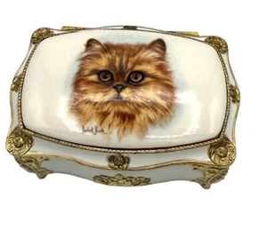 Derick Brown Calico Cat Gold Trim Musical Trinket Box Hand Painted & Signed Vtg - Picture 1 of 15