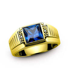 10K Gold Men's Ring with Blue Sapphire and Natural Diamonds