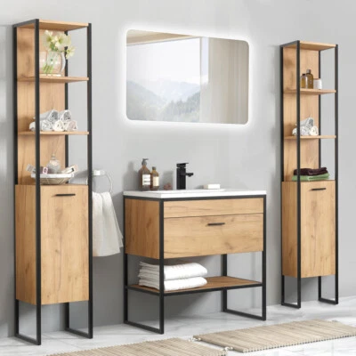 Badezimmer Set Industrial-Design Eiche/schwarz Waschtisch Keramik LED Spiegel  - Bild 1 von 4