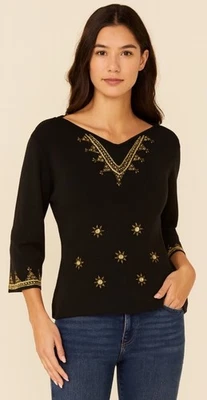 Suéter Joseph A Negro y Dorado Boho Bordado Tejido Pullover Cottagecore Grande Foto 1 de 4