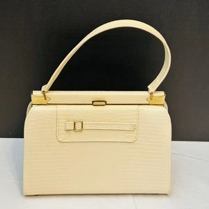 Vintage Naturalisierer künstliche Reptilienhaut cremeweiß Handtasche Clutch Druckknopfverschluss Messingfuß - Bild 1 von 13