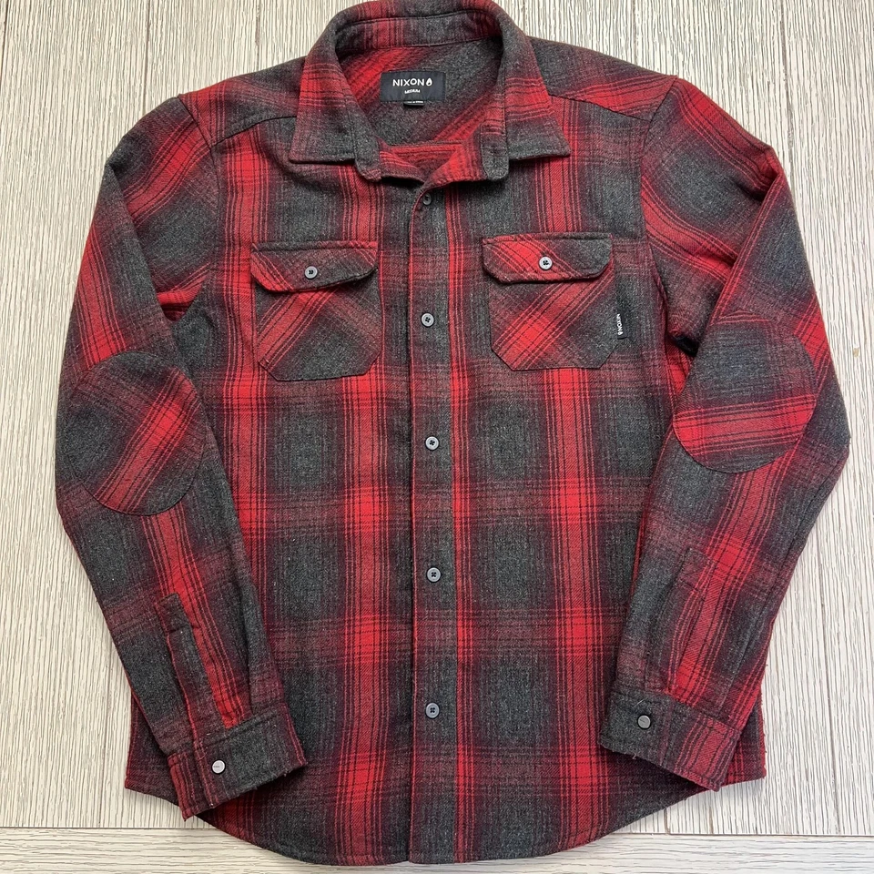 Camisa masculina Nixon média vermelha cinza xadrez flanela manga longa botão para baixo roupa de trabalho - Imagem 1 de 4