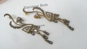 Estate Ornate Banana Brass Antique Looking Pink Rhinestone Pierced Earrings - Picture 1 of 6