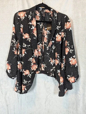 Torrid Floral Drape Front Blazer Black 2X Open Front Handkerchief Hem Ruching - Image 1 of 4