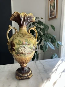 Antique porcelain urn w/painted swans theme and gold detail circa early 20th C - Picture 1 of 18