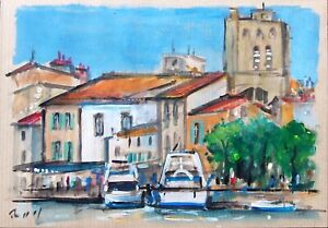 Côte d'Azur. Le port d'Agde. Peinture / papier Canson signée ROY