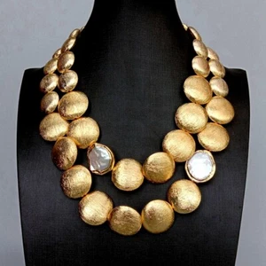 18" 2 Rows Gold Plated Brushed Coin Bead Cultured White Coin Pearl Necklace - Picture 1 of 6