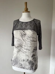 Mint Velvet Grey/White Silk Blouse Size 12 Lacy Yoke & Sleeves Abstract Design - Picture 1 of 9