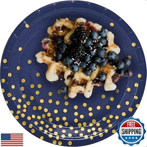 CUSINIUM 25-Pack 7" Navy and Gold Paper Plates - Ideal for Party Celebrations - Picture 1 of 5