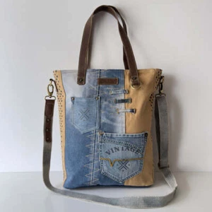 Retro-Inspired Denim and Canvas Tote Bag with Leather Handles and Strap - Picture 1 of 8