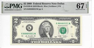 2009 Dallas $2 FRN Lucky Money KM Block PMG 67 EPQ Superb Gem Unc. (K8888xxxxM) - Picture 1 of 8