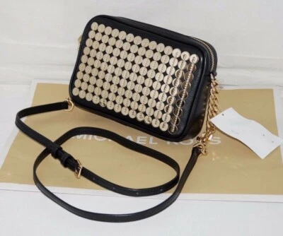 NUEVO CON ETIQUETAS Auténtico Bolso MICHAEL KORS LENTEJUELAS DORADAS Cuero Negro Cadena Dorada Foto 1 de 4