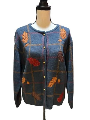 NUEVO CON ETIQUETAS CRYSTAL KOBE Mujeres M Otoño Otoño Hojas Cárdigan Tejido a Cuadros Suéter Azul De Colección Foto 1 de 4