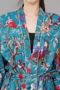 Trendy Cotton Kimono Elegant Blue & Red Floral Bathrobe Resort Wear Beach Dress - Picture 1 of 6