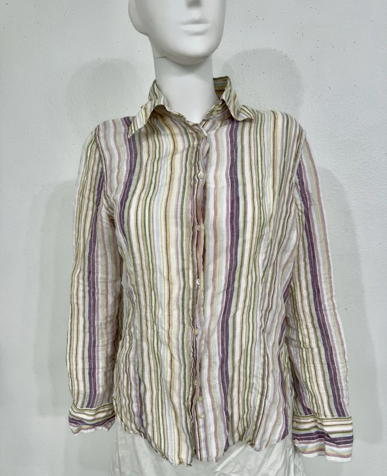 Camisa Etro listrada de linho multicolorida com botões vintage feita na Itália serve para XS - Imagem 1 de 4