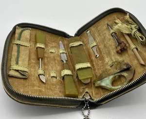 Vtg 1920s 1940s Manicure Set Bakelite Celluloid Marble Green Jade Leather Case - Picture 1 of 8