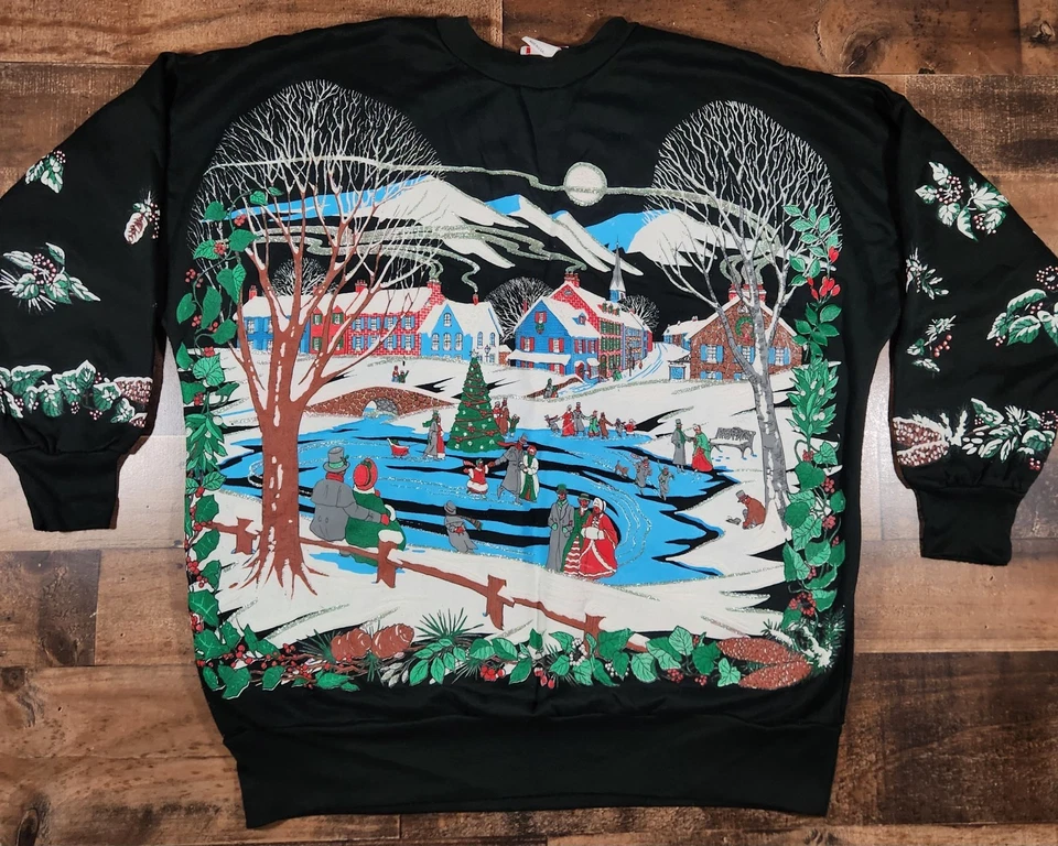 Vintage 90s Christmas Sweatshirt Womens 22/42 Black Winter Ice Skating Holiday - Image 1 of 4