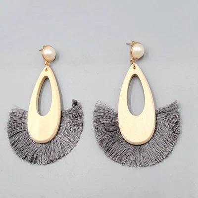 Statement Dangle Earrings Gold Tone Teardrop Faux Pearl Gray Fringe Boho (BC2) - Image 1 of 4